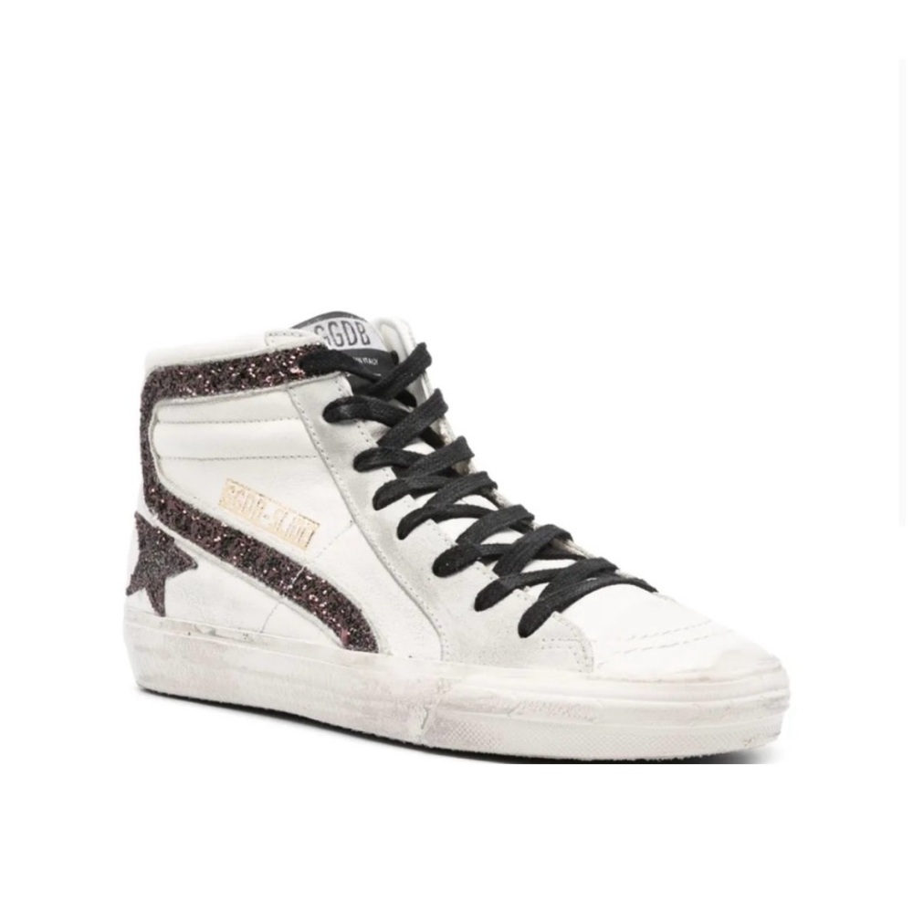 NEW in BOX Golden Goose mid-top sneakers in suede and leather with glitter trim